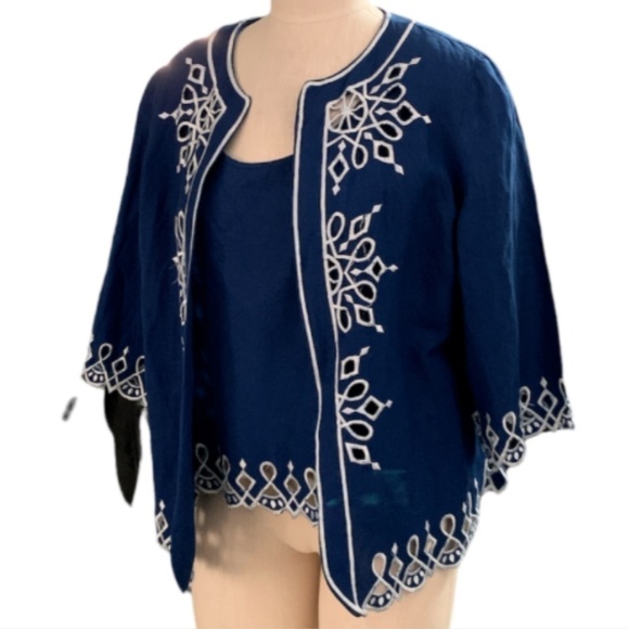 VTG Bob Mackie Wearable Art M Linen Blend Twinset Embroidery Cutouts Blue #235H - Picture 3 of 8